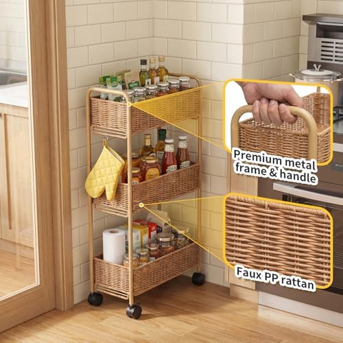 FOCHIER F Utility Slim Storage Cart,3-Tier Rolling Kitchen Office Laundry Room Cart,Mobile Shelving Unit Organizer for Living Room Bathroom Baby Diaper Narrow Places (Natural, 3 Tiers-7.1 inch (W)) - Image 5