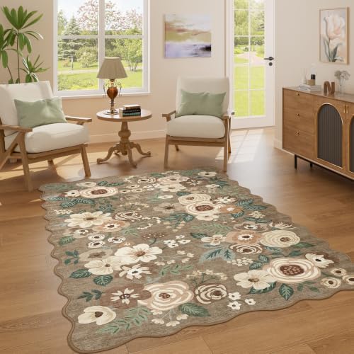 DUKINO 4x6 Area Rug, Non Slip Floral Washable Living Room Rug, Light Taupe by DUKINO