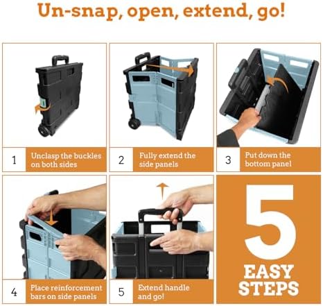Inspired Living Ultra-Slim Rolling Collapsible Storage Pack-N-Roll Utility-carts, with Telescopic Handle, for Home, Garden, Shopping, Office, School use, Large, Baby Blue & Black - Image 6