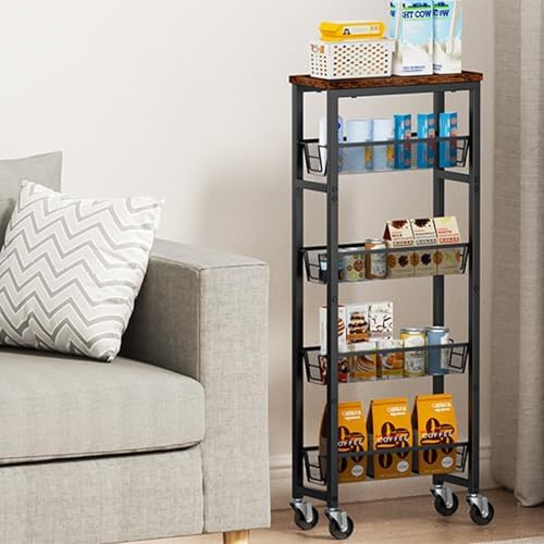 Slim Rolling Cart, 5-Tier Storage Cart, 9.1inch Narrow Kitchen Rolling Cart on Wheels for Small Space, Utility Cart Shelving Unit with Wooden Top and Metal Handle for Kitchen, Bathroom, Laundry Room - Image 5