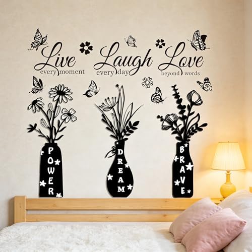 Live Laugh Love Wall Decal - Inspirational Quote with Floral Vase & Butterfly Stickers, Power Dream Brave Vinyl Wall Art for Living Room, Bedroom, Entryway, Home Decor by Datesno