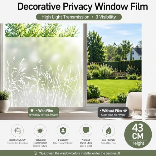 Static Cling Privacy Window Film, 78" x 17" Frosted Glass Covering with Wildflower & Botanical Patterns, Removable No Glue Window Film for Home Bathroom Bedroom Office (Minimalist Wild Grass) - Image 6
