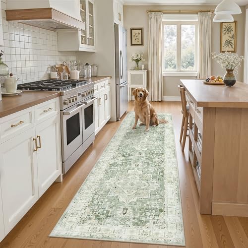 Madane Hallway Runner Rug 2x8 Washable Kitchen Rugs Non-Slip, Green/Ivory by Madane
