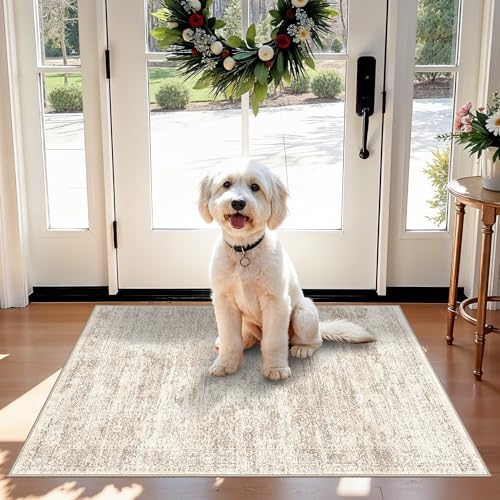 2x3 Feet Washable Entryway Rug, Non-Slip Small Kitchen Throw Mat for Sink, Soft Low-Pile Stain & Fade-Resistant Indoor Mat for Pet Area & Bathroom (Cream/Beige) by BYYVOORugsforYourHome