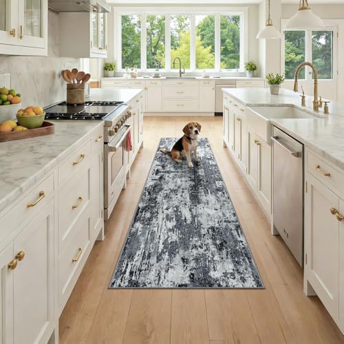 RELEANY Washable Runner 2'x7' Abstract Area Rug for Hallway Black White by RELEANY