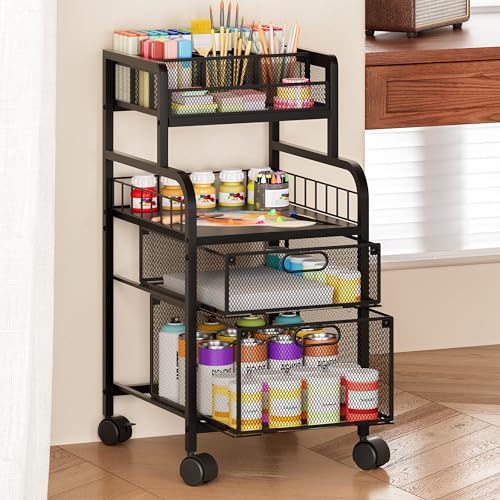 SWTYMIKI Rolling Cart with Drawers - Metal Craft Cart with Wheels, DIY Divider and Wood Shelf, Art Supply Organizer for Under Desk Storage, Utility Storage Cart for Home Office Studio, Black - Image 2