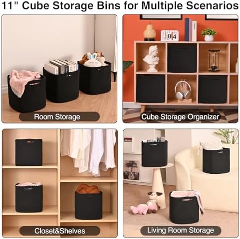 11 Inch Cube Storage Bins, 11x11 Cube Storage Bins for Cube Organizer, Square Cloth Storage Cubes, Black Woven Storage Baskets for Shelves, Toy Baskets Storage Kids, Black (Pack of 3) - Image 5