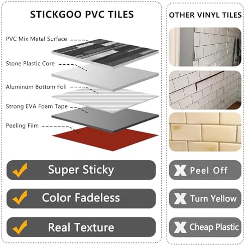 STICKGOO 2 Sheets Peel and Stick Backsplash Tile, Stick on Backsplash for Kitchen and Bathroom, Black Grey Wood Look PVC Mixed Metal Silver Self Adhesive Wall Tiles - Image 3