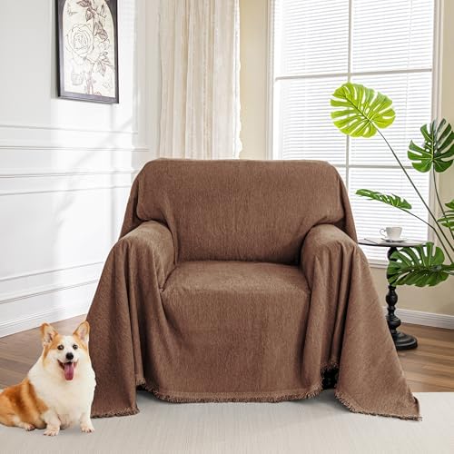 MYSKY HOME Chair Couch Covers Sectional Couch Covers for Pet Sofa Covers Non Slip Soft Couch Sofa Cover, Washable Furniture Protector Sofa Slipcover with Tassel Sofa Throws, 71"x91", Chocolate by MYSKYHOME