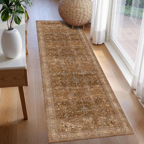 Washable Area Rug 2'6'' x 8' Vintage Traditional Persian Mat - Foldable Distressed Non-Slip Machine Washable Carpet for Living Room Bedroom Kitchen Home Decor - Bronze and Ivory - Image 3