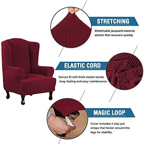 H.VERSAILTEX Wing Chair Slipcover Chair Covers for Wingback Chairs Wingback Chair Covers Slipcovers 1 Piece Stretch Sofa Cover Furniture Protector Soft Spandex Jacquard Checked Pattern, Burgundy Red - Image 3