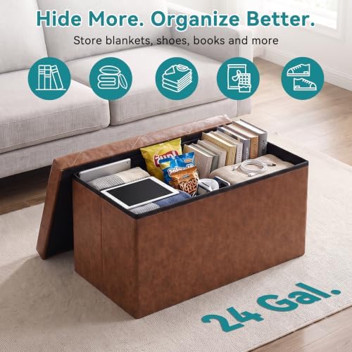 OLIXIS 30 Inch Folding Storage Ottoman Bench, Brown Ottoman with Storage - Image 4