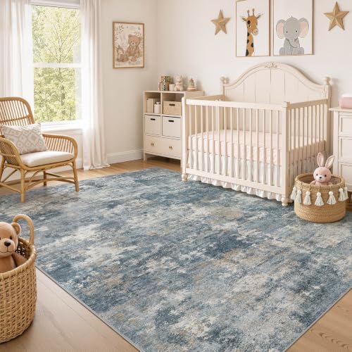 Nakagishi 10x14 Area Rugs Living Room: Washable Abstract Large Neutral Soft Rug Stain Resistant Modern Indoor Floor Non-Slip Carpet for Bedroom Nursery Kids Playroom Office Dining Room Dorm-Blue Brown - Image 7