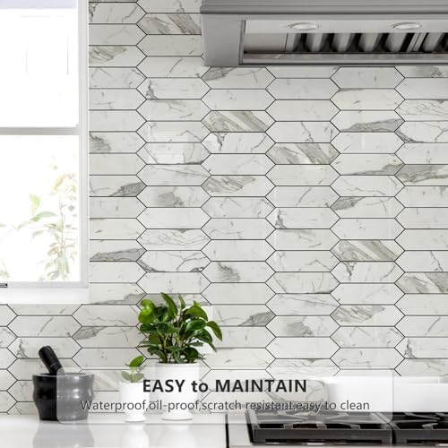Vamos Tile Glossy Carrara White Backsplash Tile Peel and Stick, 12.8 x 12.8 Inch 10 Sheets Long Hexagon PVC Self Adhesive Mosaic Wall Tiles Stick on Backsplash for Kitchen and Bathroom - Image 3