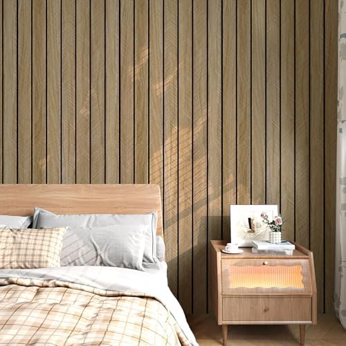 Brown Wood Panels for Wall 3D Wood Slat Wall Paneling Acoustic | Faux Wooden Slat Wallpaper Self Adhesive Herringbone Shiplap Peel and Stick Wallpaper for Bedroom Living Room Entrance Hall - Image 2