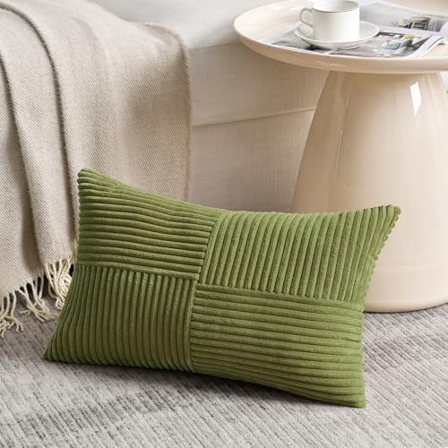 Fancy Homi 2 Packs Moss Green Lumbar Decorative Throw Pillow Covers 12x20 Inch for Living Room Couch Bed, Rustic Farmhouse Boho Home Decor, Soft Striped Corduroy Rectangle Accent Cushion Case 30x50 cm - Image 2