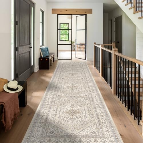 3x12 Washable Hallway Runner Rug - Non-Slip Vintage Kitchen Rugs Beige Gray - Image 2