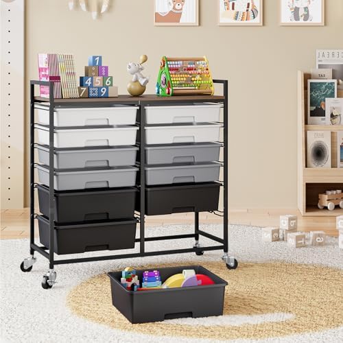 TOOLF 12 Drawers Rolling Storage Cart with Wooden Top for Classroom,Grey - Image 2