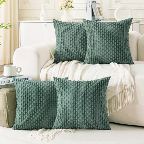 Set of 4 Teal Green Decorative Throw Pillow Covers 18x18 Inch Corduroy Pillow Covers for Bed Couch Sofa Living Room Soft Square Cushion Cases by Cozoomy