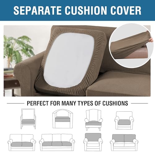 H.VERSAILTEX 3 Piece Stretch Sofa Covers for 2 Cushion Loveseat Couch Covers for Living Room Sofa Slipcovers (Base Cover Plus 2 Seat Cushion Covers) Jacquard Fabric (Medium Sofa, Macchiato) - Image 5