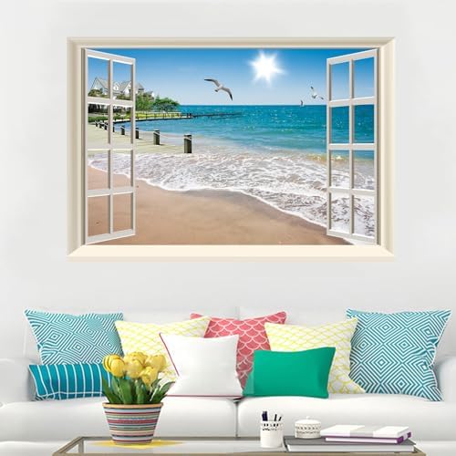 Fake Window Wall Decal- Summer Beach Seascape Open Wall Art Poster Sticker | Faux Window Ocean Coast Natural Landscape Mural｜ Stick and Peel Wall Decals｜Room Bedroom Office Decor｜48"x32",Set of 2 Sheets - Image 2