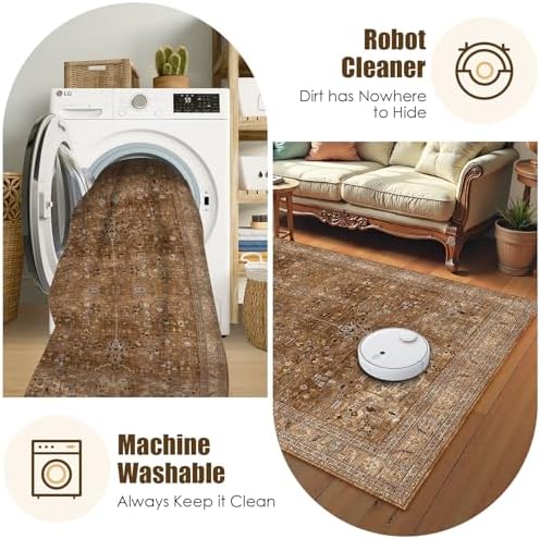 Washable Area Rug 3' x 5 ' Vintage Traditional Persian Mat - Foldable Distressed Non-Slip Machine Washable Carpet for Living Room Bedroom Kitchen Home Decor - Bronze and Ivory - Image 7
