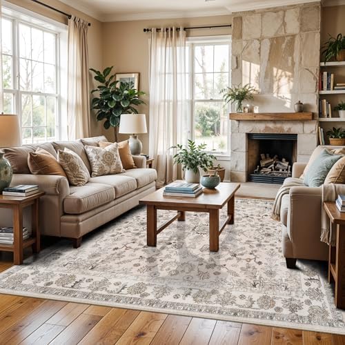 5x5 Square Washable Rug for Living Room: Non Slip Indoor Entryway Foot Carpet for Kitchen, Boho Soft Beige 5ftx5ft Low Pile Neutral Area Rug for Dining Room Bathroom (Beige, 5x5) - Image 3
