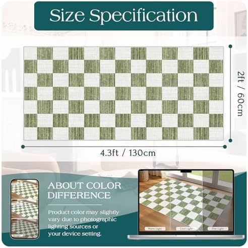 Front Door Mat Indoor Entrance - 2x4.3 Ft Green White Checkered Rug - Image 2