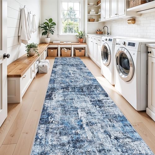 3x12 ft Long Hallway Runner Rug - Non-Slip Washable Kitchen Rug with Rubber Backing,Modern Abstract Neutral Thin Low Pile Floor Carpet Runner for Entryway,Bedroom,Living Room（Blue） - Image 3