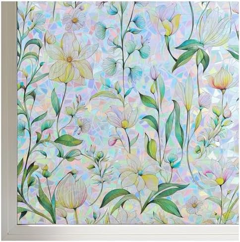 Finnez Stained Glass Window Film, Floral Rainbow Sticker, 29.5″ x 78.7″ by FINNEZ