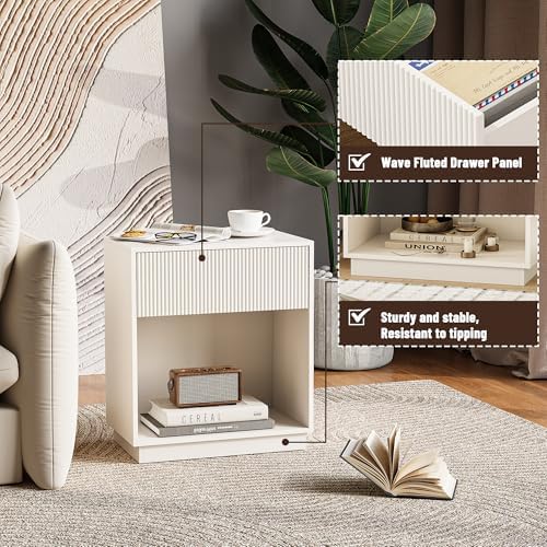 Fluted Nightstands Set of 2, Modern Bedside Table with Storage Drawer and Open Wood Shelf, Wood End Table Mid Century Night Stands for Bedroom Living Room Sofa Couch Office White - Image 4