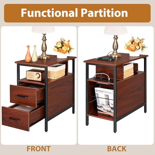 Livofloral Narrow Side Tables with Charging Station, Narrow End Table with Wooden Drawers, USB Ports and Power Outlets, Nightstand and Bedside Table for Bedroom, End Tables Living Room, Espresso - Image 5