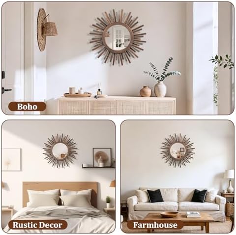 18 Inch Boho Sunburst Mirror, Decorative Rustic Farmhouse Wall Decor for Living Room, Bedroom, Bathroom, Hallway - Tricolor Wood Frame - Image 7