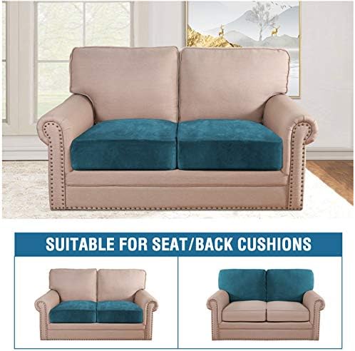 H.VERSAILTEX Velvet Stretch Couch Cushion Cover Plush Cushion Slipcover for Chair Loveseat Sofa Cushion Furniture Protector Seat Cushion Sofa Cover (2 Piece Large Sofa Cushion Covers, Deep Teal) - Image 3