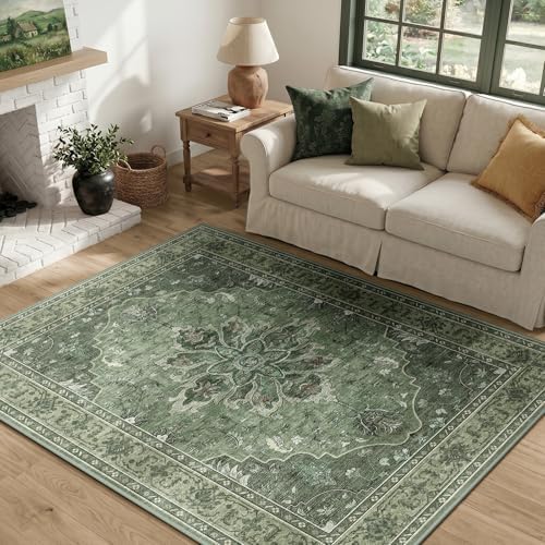 RELEANY Washable Area Rug, 4'x5', Green/Dark Green/Gray by RELEANY