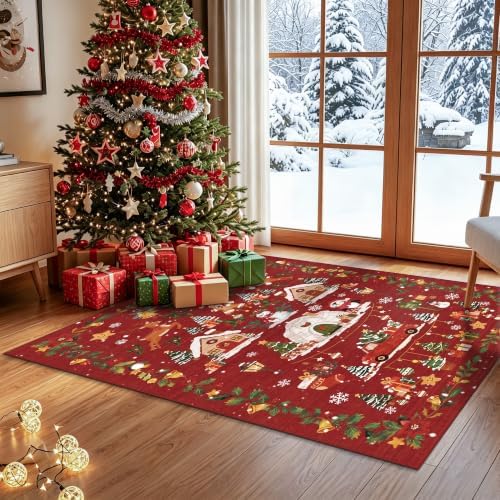 Washable Christmas Rug Runner 3x4: Non Slip Small Area Rug for Entryway Nursery Soft Low Pile Office Carpet Santa Claus Holiday Decor Throw Rug for Living Dining Room Bedroom Cute Home Decor（3x4，Red） by HYHAOYUNLAI