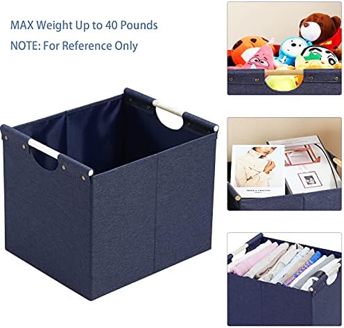 HOONEX Large Foldable Storage Bins, Linen Fabric, Pack of 2, Storage Baskets with Wooden Carry Handles and Sturdy Heavy Cardboard, for Home, Office, Car, Nursery, Blue - Image 3