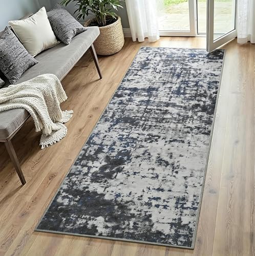 2x6 Washable Runner Rug Non Slip Runners for Hallway, Kitchen Soft Stain Resistant Floor Carpet with Rubber Backing Abstract Rugs for Entryway, Bedroom, Bathroom, Laundry Room, Dark Grey Blue by Enqinar