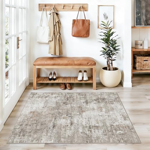 3x4 Washable Entryway Area Rug - Non-Slip Modern Small Indoor Mat for Bathroom,Living Room,Bedroom - Abstract Neutral Soft Low-Pile Throw Carpet with Rubber Backing (Beige Grey) - Image 4