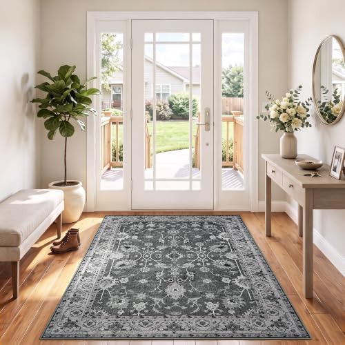 Hanples 3x5 Washable Rugs for Entryway, Vintage Floral Door Mat, Gray by Hanples