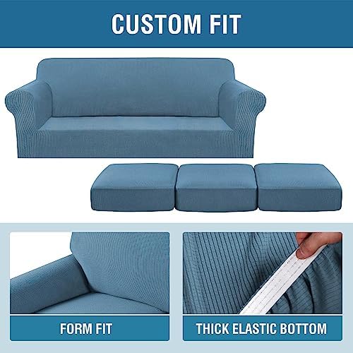 H.VERSAILTEX 4 Piece Stretch Sofa Covers for 3 Cushion Couch Covers for Living Room Furniture Slipcovers (Base Cover Plus 3 Seat Cushion Covers) Upgraded Thicker Jacquard Fabric (Sofa, Dusty Blue) - Image 4