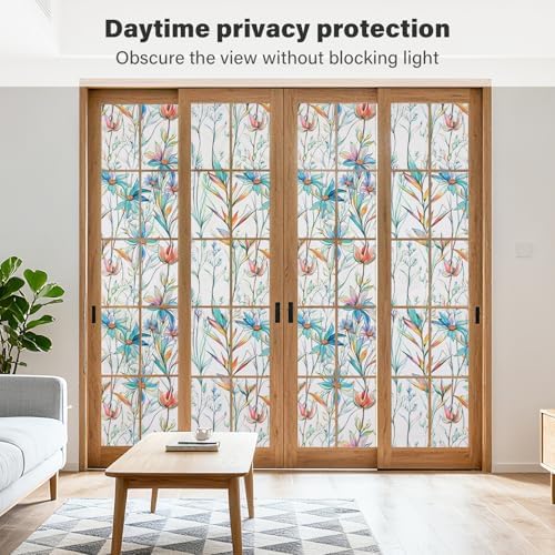 Donox Window Privacy Film, Frosted Stained Glass Window Films, Static Cling Non-Adhesive Decorative Windows Sticker for Front Door Bathroom, Heat Control Anti UV(Blue Lotus,17.5 x 78.7 Inches) - Image 2