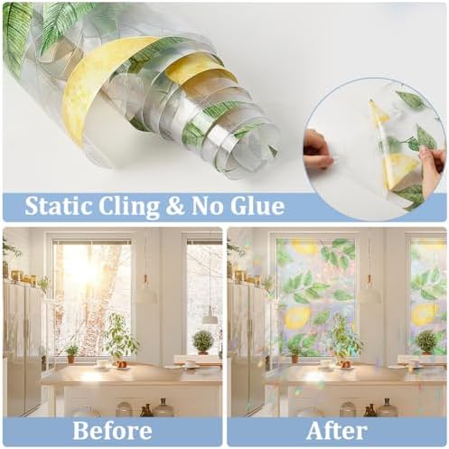 GORGECRAFT 39.4x17 Inch Lemon Rainbow Window Privacy Film 3D Static Flower Leaf Glass Cling Suncatcher Window Cover Plastic Non-Adhesive Reusable Sticker Prism Stained Window Decals for Room Home - Image 5