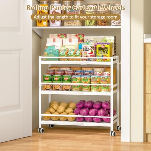 3-Tier Expandable Rolling Pantry Organizers and Storage Cart with Wheels, Adjustable Pantry Floor Organizer, Snack Cart for Pantry, Kitchen Storage Cart with 4 Hooks for Snack, Food, Vegetables, White - Image 5
