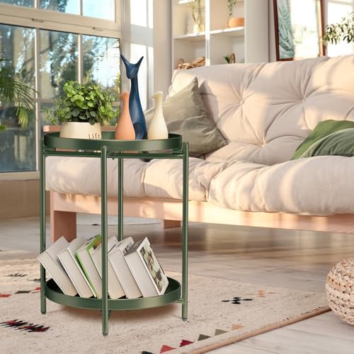 TeoKJ 2 Tier Green Side Table, Folding Round Metal End Table Small Nightstand with Two Removable Tray for Bedroom Living Room Bedside Small Spaces Dark Green - Image 2