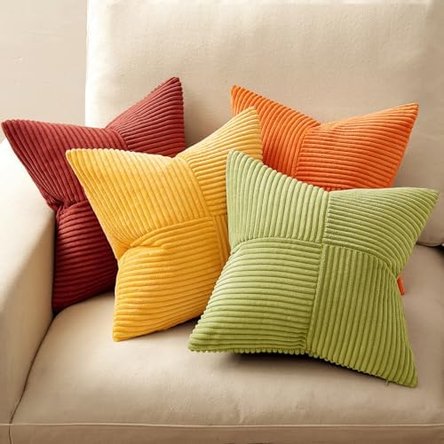 MIULEE Fall Burnt Orange Decorative Throw Pillow Covers 18x18 Inch Set of 4 Boho Color-Clash Cushion Covers Modern Farmhouse Pillow Cases Corduroy Striped Decor for Couch Sofa Bed(Terracotta,Rust) - Image 3