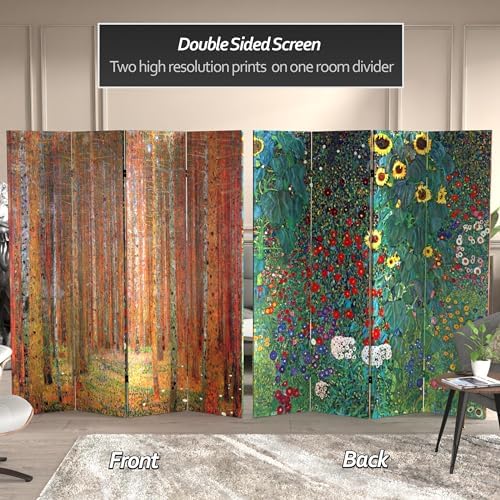 Red Lantern Double Sided Works of Klimt Room Divider - Tannenwald/Farm Garden, 6 Foot - 4 Panel - Image 2