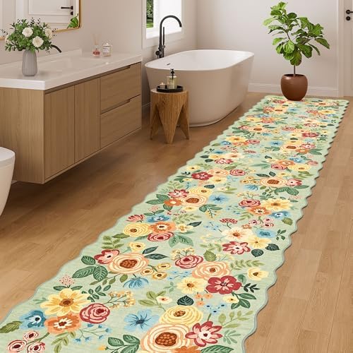 DUKINO 2.6x12 Washable Runner Rug, Floral Non Slip Long Kitchen Rug, Green - Image 3