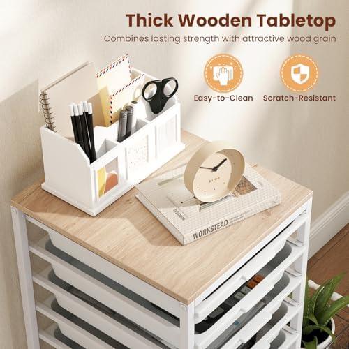 Giantex Rolling Storage Cart with 10 Drawers, Utility Cart w/Wooden Tabletop, Lockable Wheels, Multipurpose Organizer for Art Craft Books Paper, Drawer Carts for Dorm Classroom Office, White - Image 7