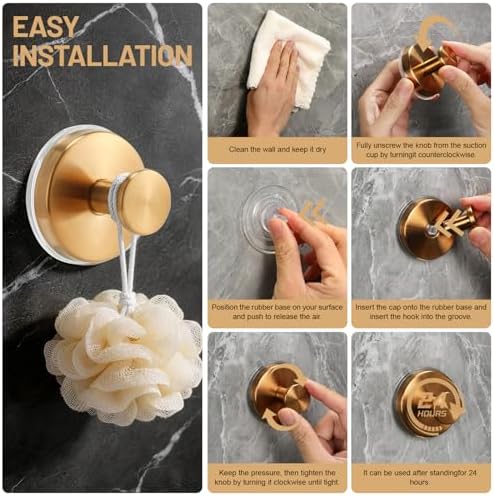 Suction Cup Hooks for Shower No-Drill Bathroom Hooks for Towels, Robes, Loofah Mountable on Bathroom Walls, Kitchen, Glass, Mirrors, Tile and Smooth,Non-Porous Surfaces (2, Champagne Bronze) - Image 6
